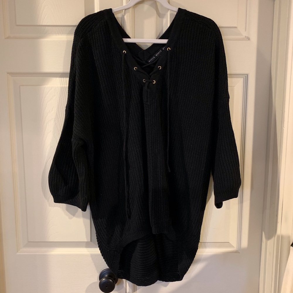 Black V neck tie up sweater